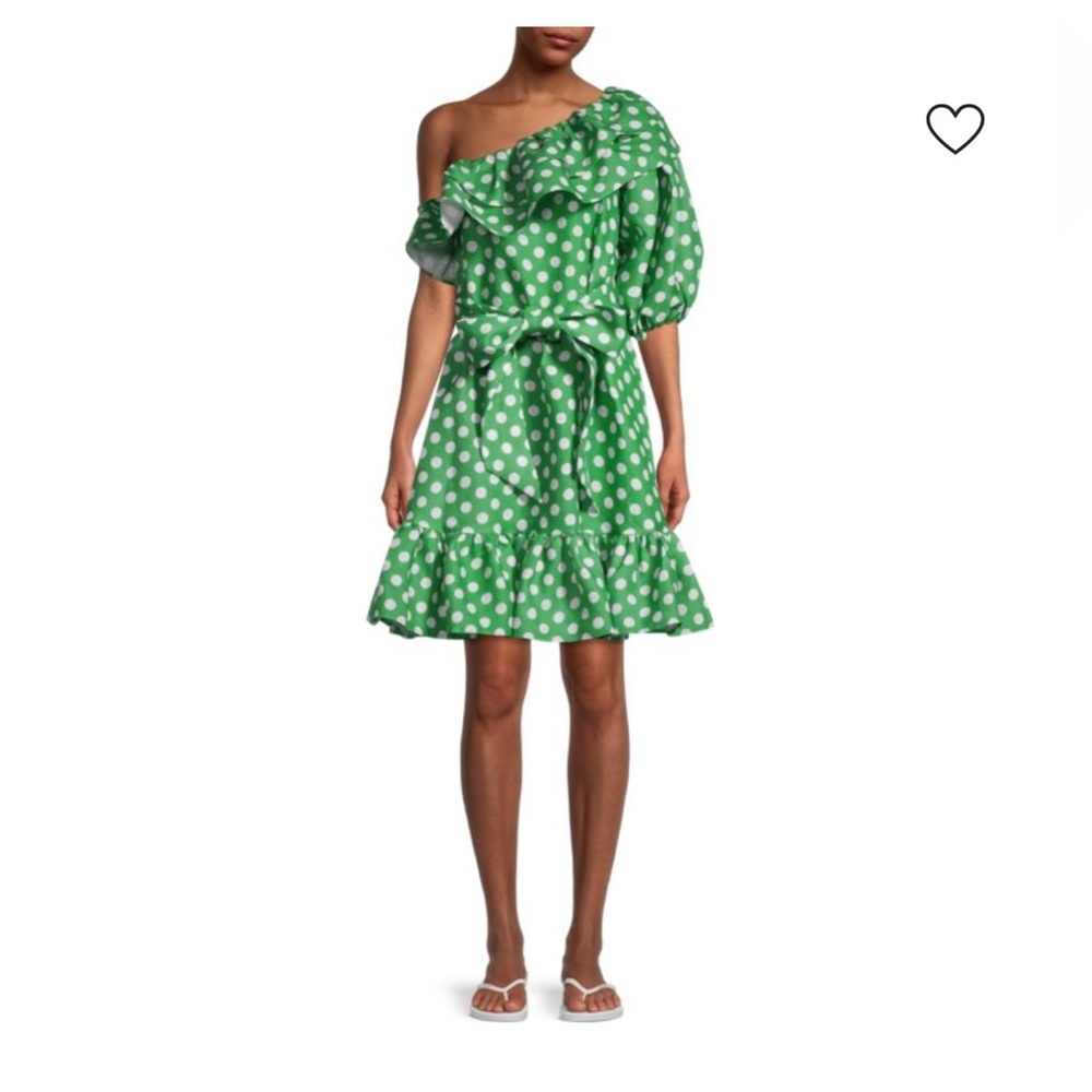 NWT Lisa Marie Fernandez Arden One Shoulder Linen Green & White Polka Dot Dress
